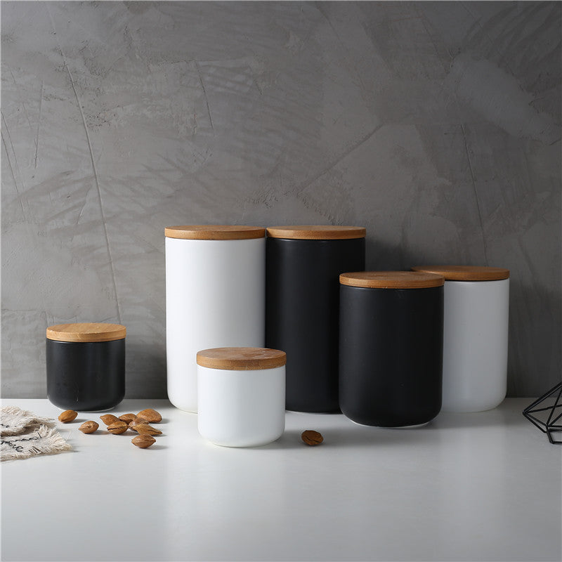 Kitchen Ceramic Wooden Lid Sealed Storage Jar