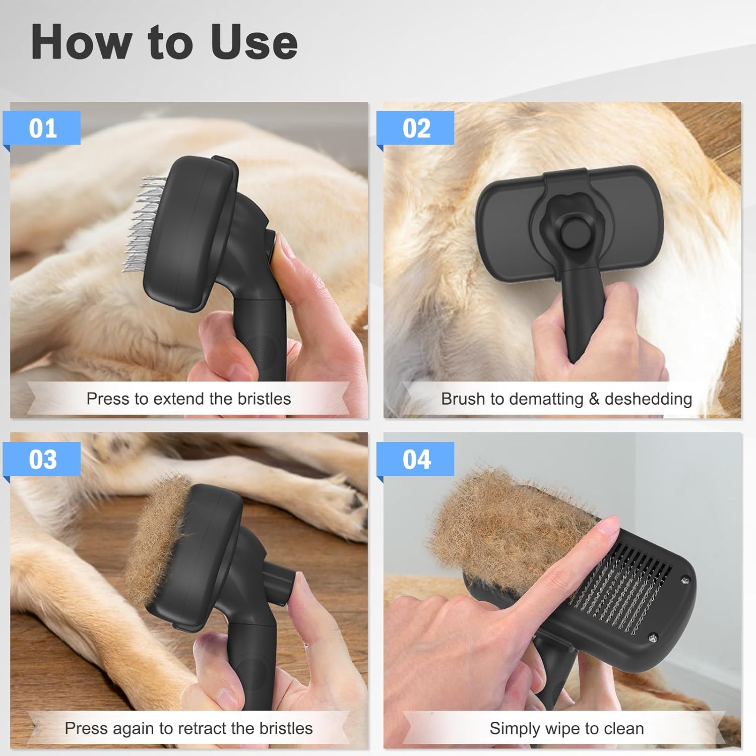 Dipoo Self-Cleaning Pet Shedding Brush for Dogs & Cats (Black)