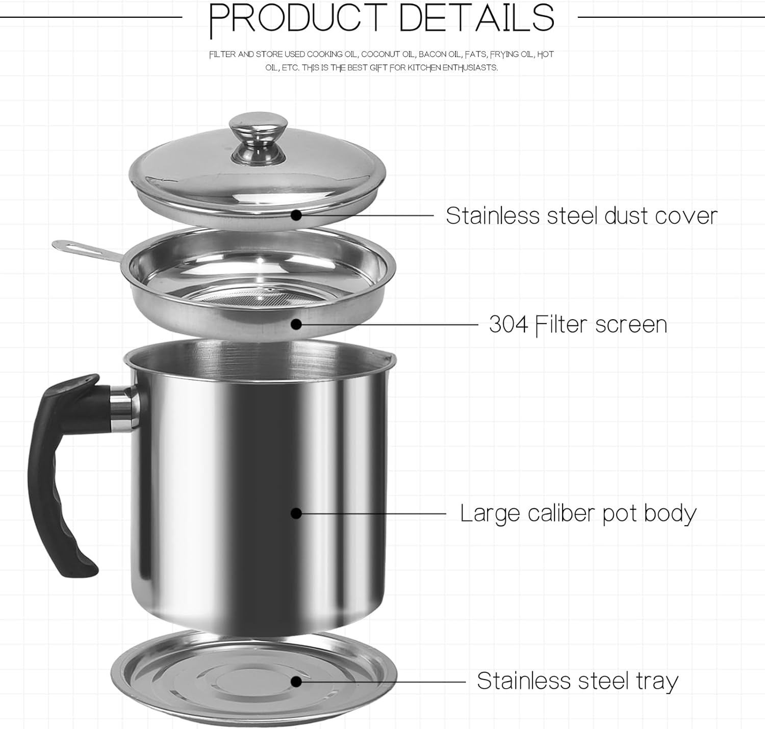 Jtshy Bacon Grease Container with Strainer – 1.3L