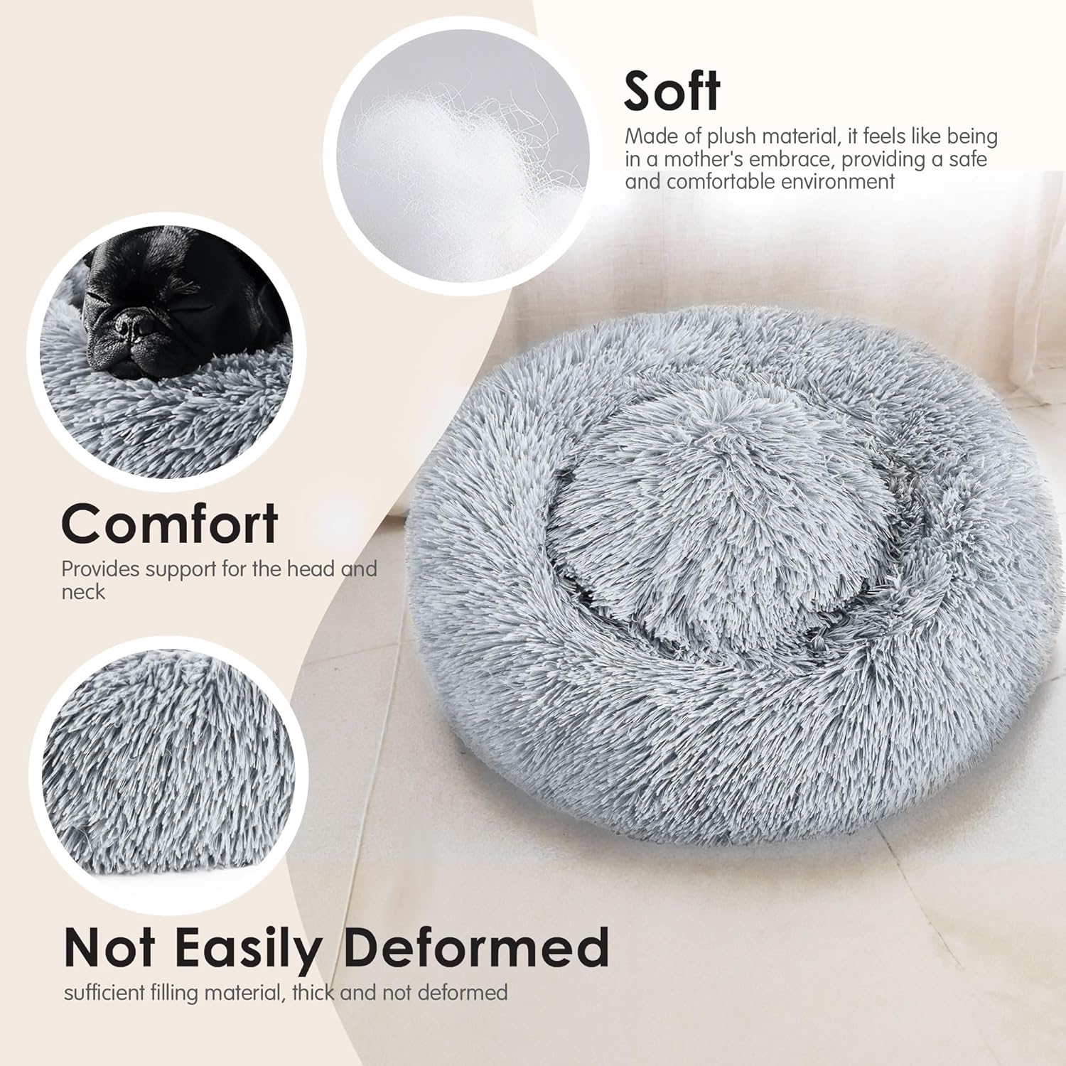 Hoewina Calming Donut Pet Bed – 20in (Light Grey)