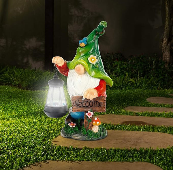 WOGOON Solar Garden Gnome Statue with Lantern & Welcome Sign