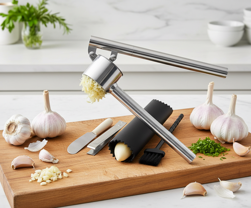 5-in-1 Stainless Steel Garlic Press & Mincer – Heavy Duty, Large