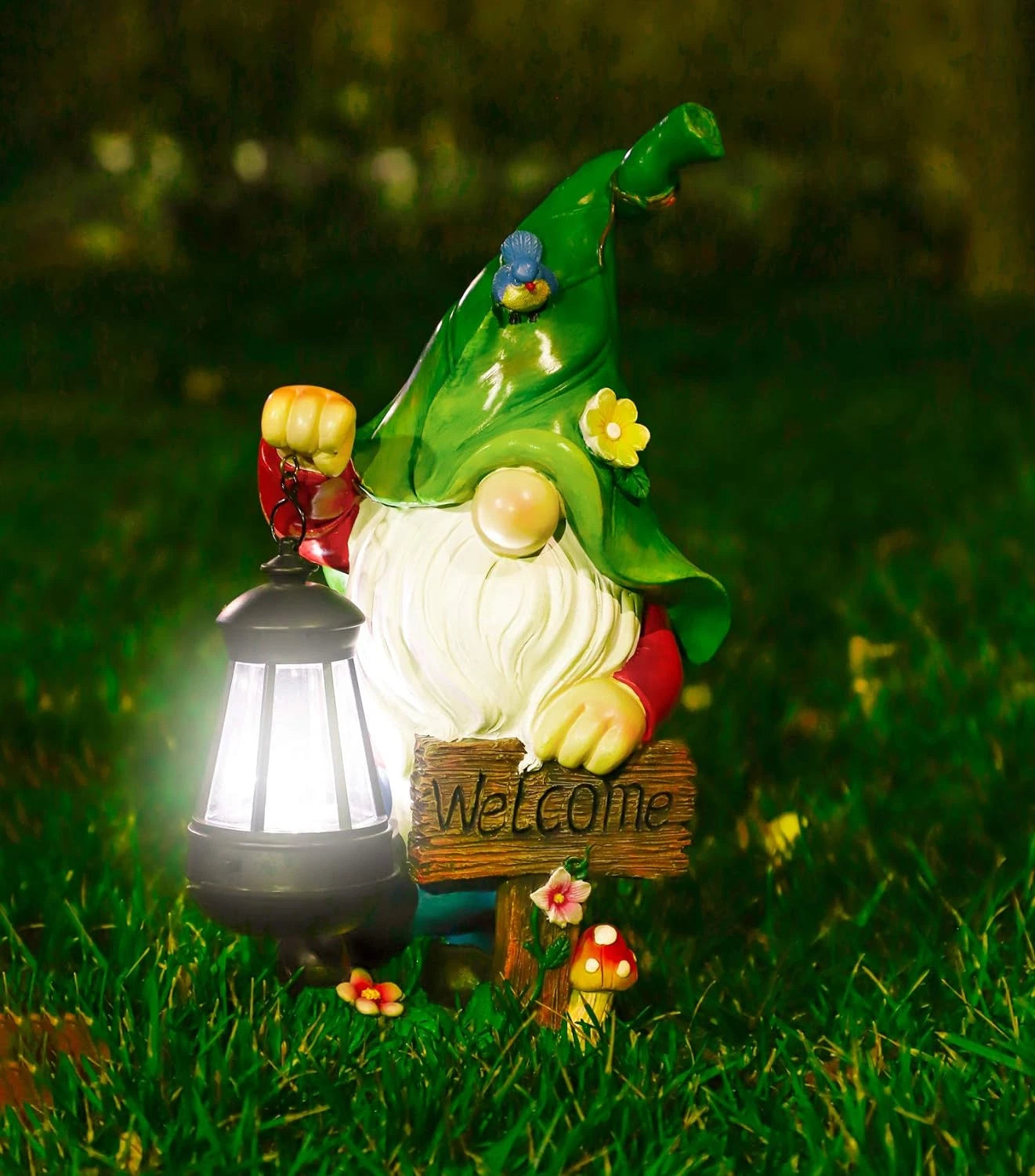 WOGOON Solar Garden Gnome Statue with Lantern & Welcome Sign
