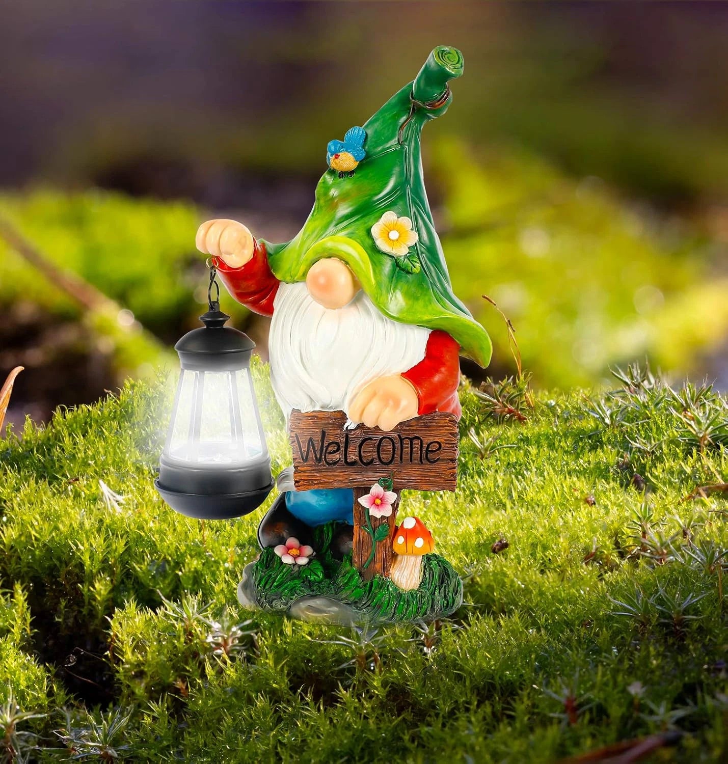 WOGOON Solar Garden Gnome Statue with Lantern & Welcome Sign